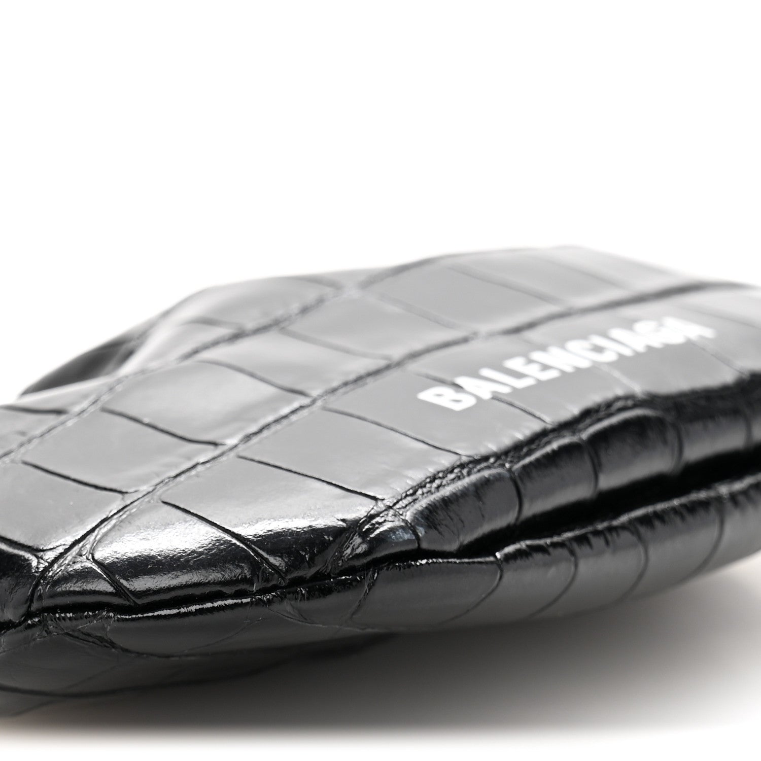 Balenciaga Shiny Supple Calfskin Logo Crocodile Embossed Cloud Coin Purse Black White 9 of 11