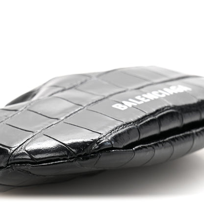 Balenciaga Shiny Supple Calfskin Logo Crocodile Embossed Cloud Coin Purse Black White 9 of 11