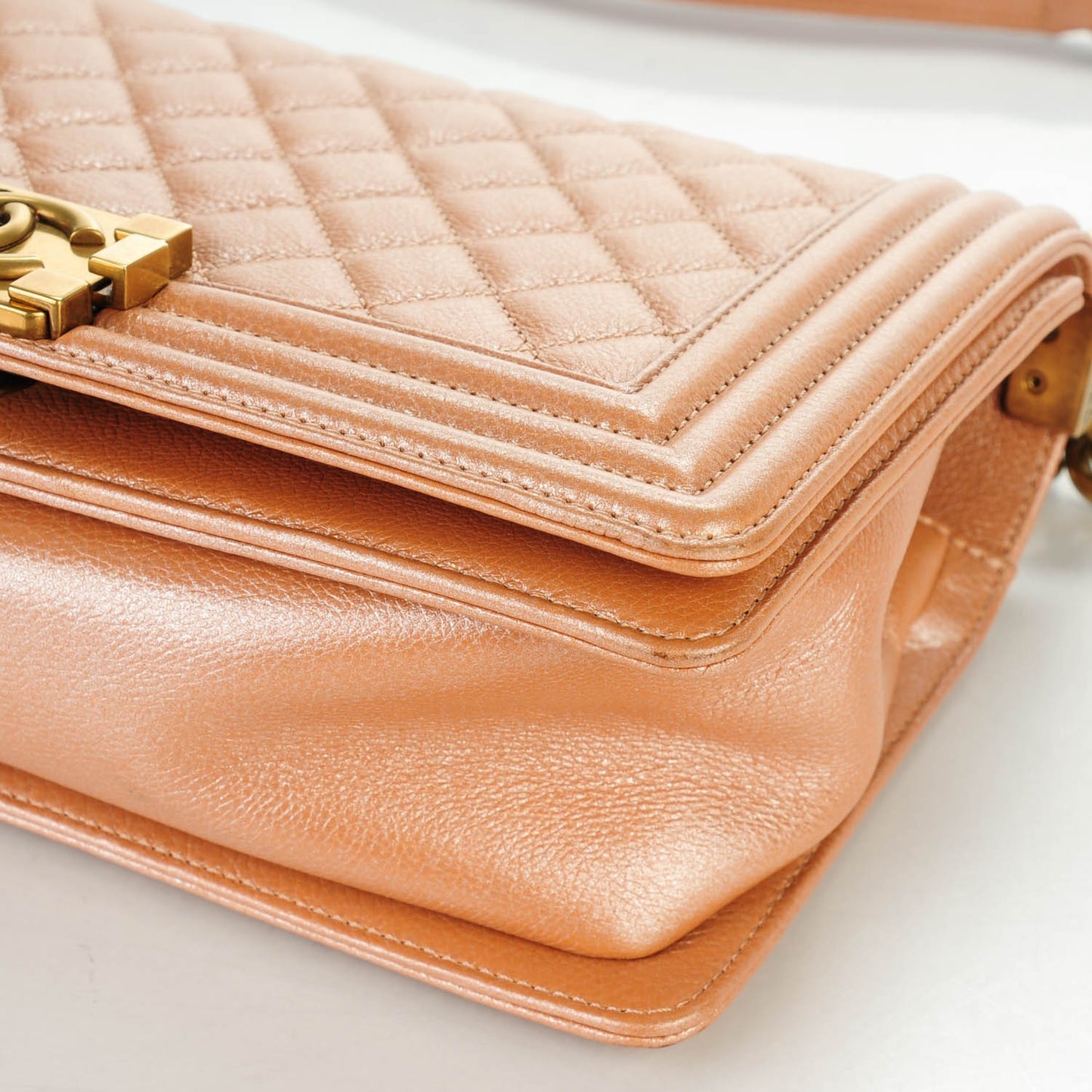 Metallic Calfskin Quilted Medium Boy Flap Dark Beige