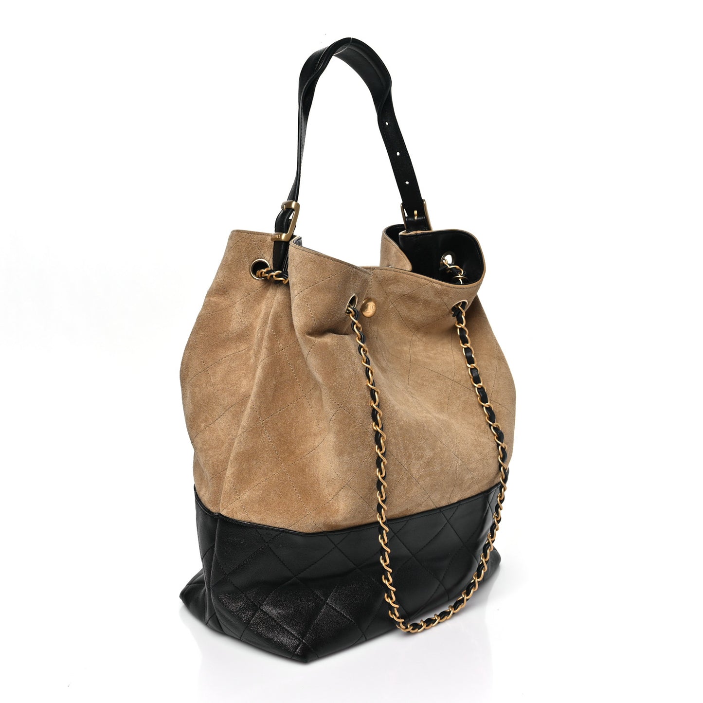 Suede Calfskin Shiny Lambskin Quilted Large Coco Base Shopping Bag Beige Black