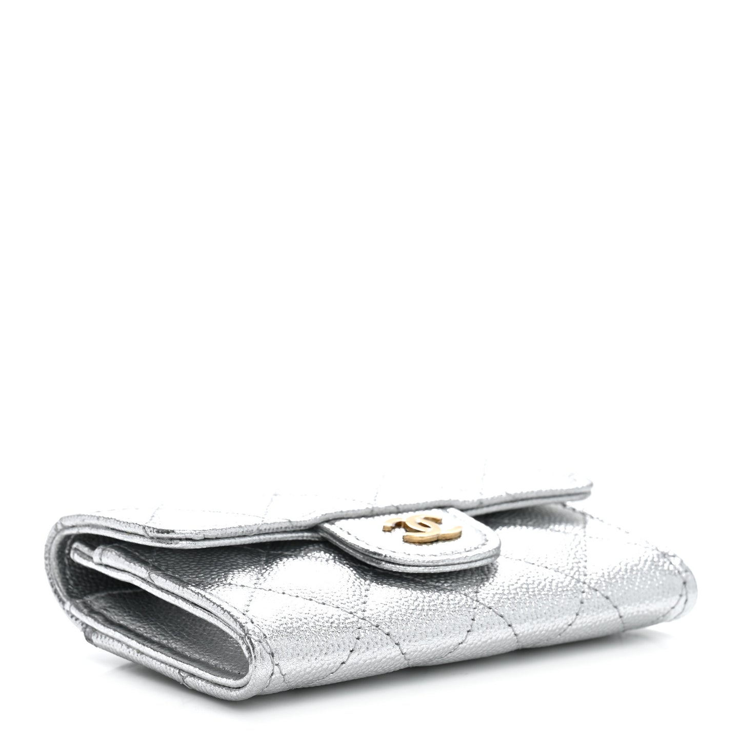Metallic Caviar Quilted Flap Card Holder Wallet Silvery