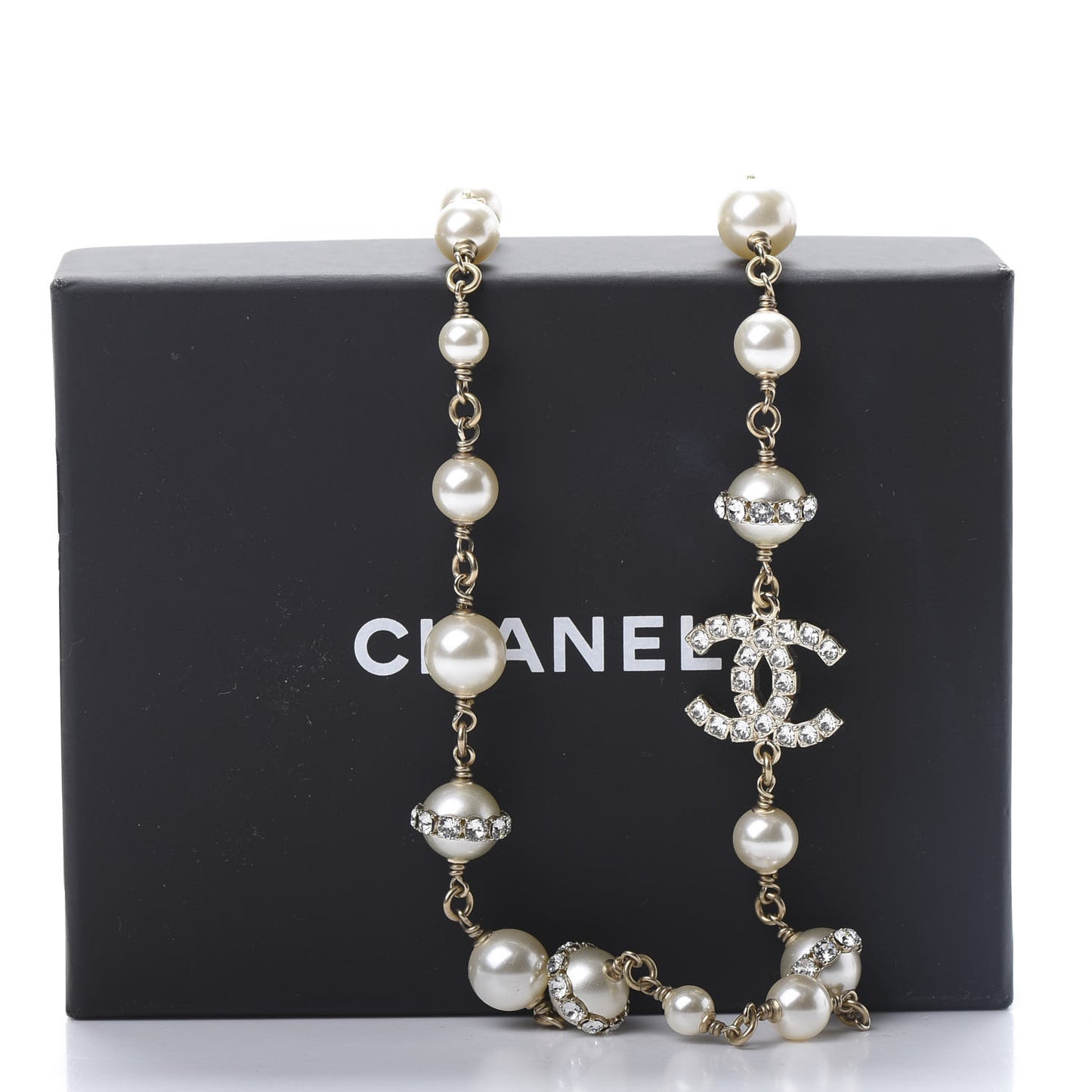 Crystal Pearl CC Long Necklace Gold