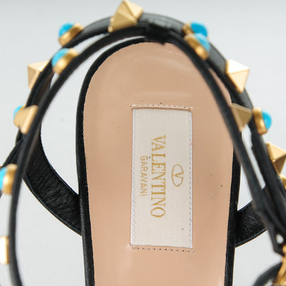 Valentino Garavani Pebbled Calfskin Turquoise Rockstud Rolling Ankle Strap 65mm Pumps 40 Black 7 of 7