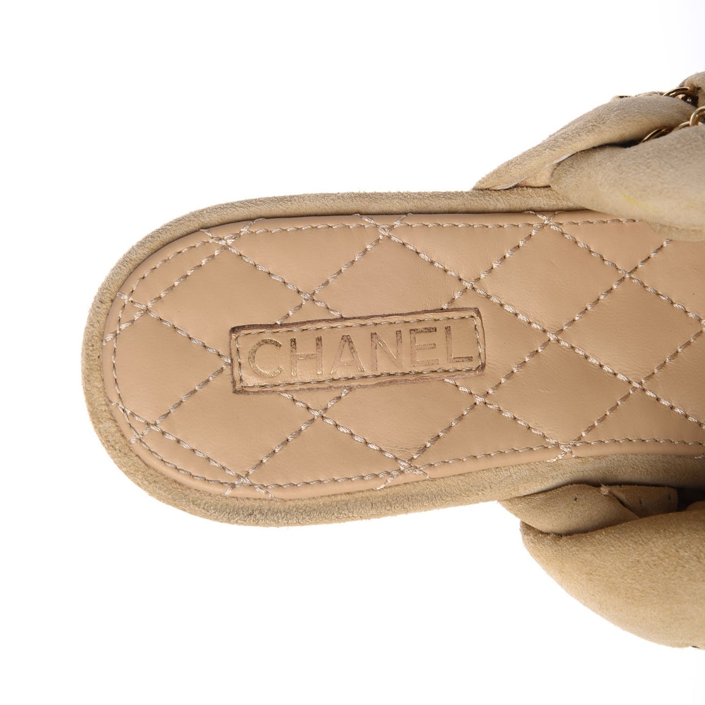 Kid Suede Braided Chain CC Slide Flat Sandals 38 Beige