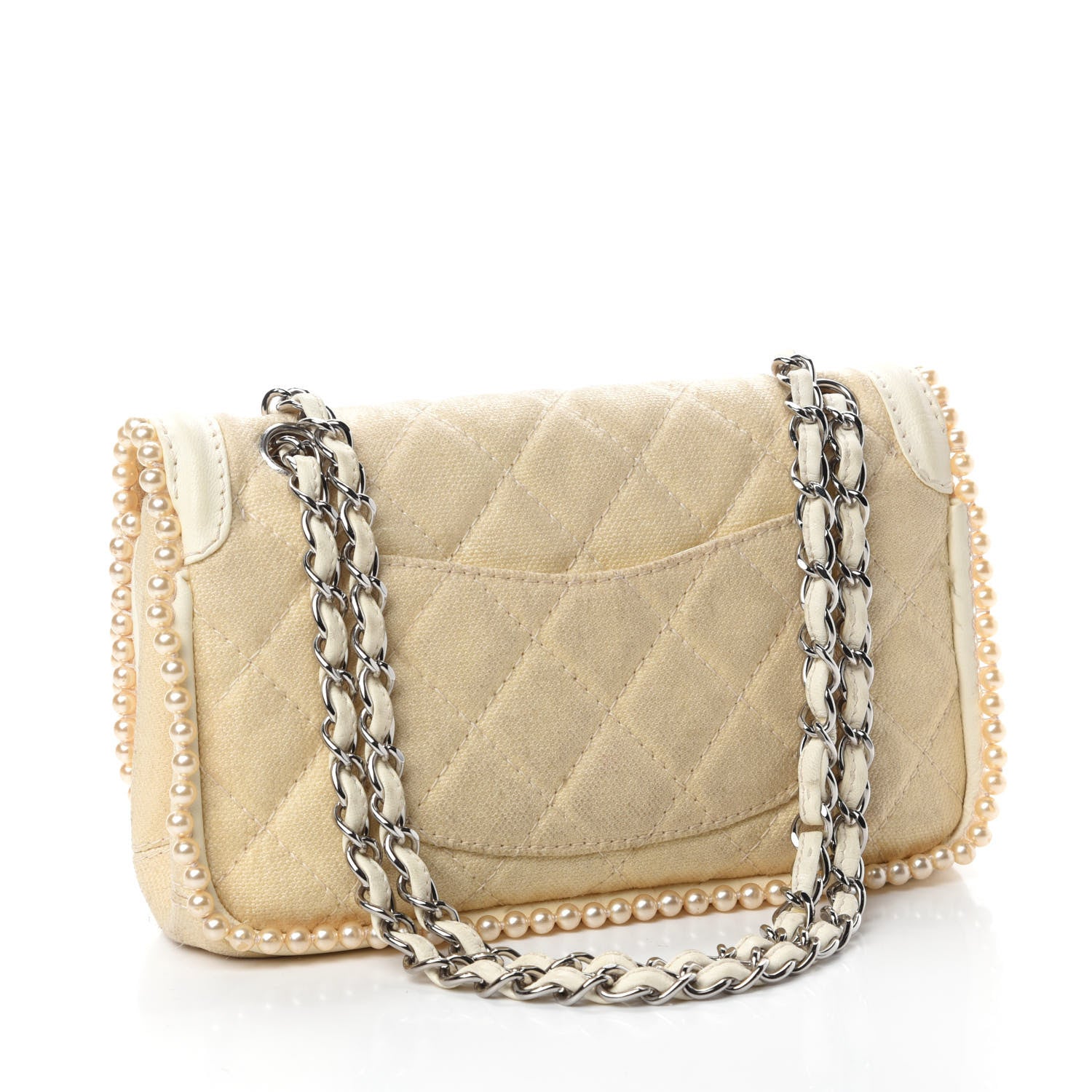 Chanel Canvas Quilted Pearl Trim Medium Flap Beige 3 of 16