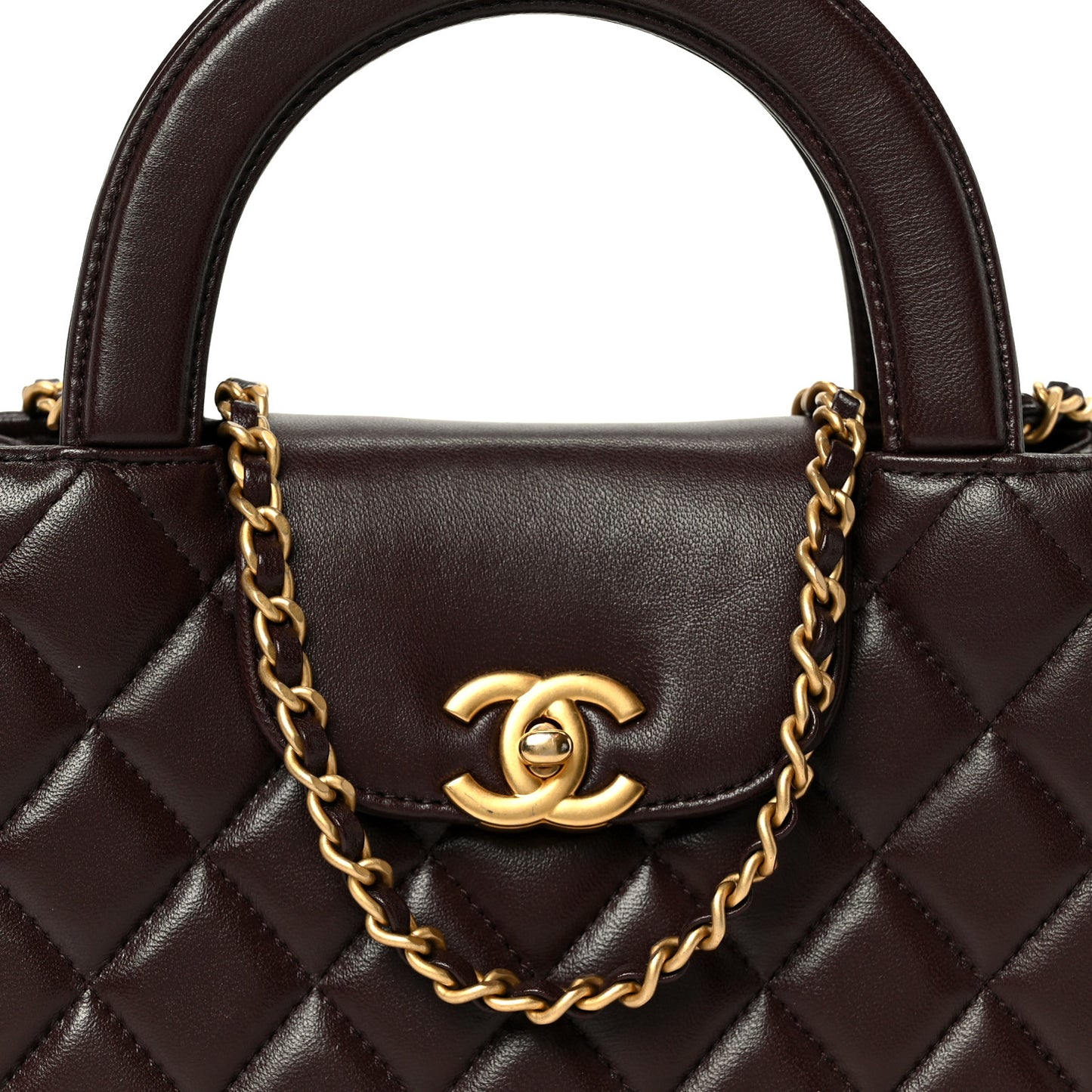 Shiny Aged Calfskin Quilted Nano Kelly Shopper Dark Brown