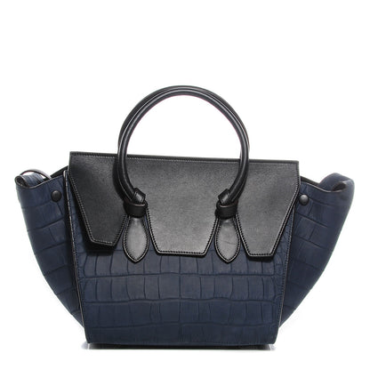 Celine Smooth Calfskin Nubuck Crocodile Embossed Small Tie Tote Navy 1 of 7