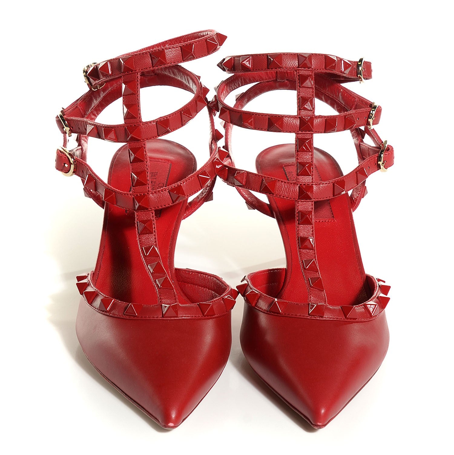Valentino Garavani Calfskin Lacquered Monochrome Rockstud Ankle Strap 65mm Pumps 37.5 Rosso Valentino 2 of 7