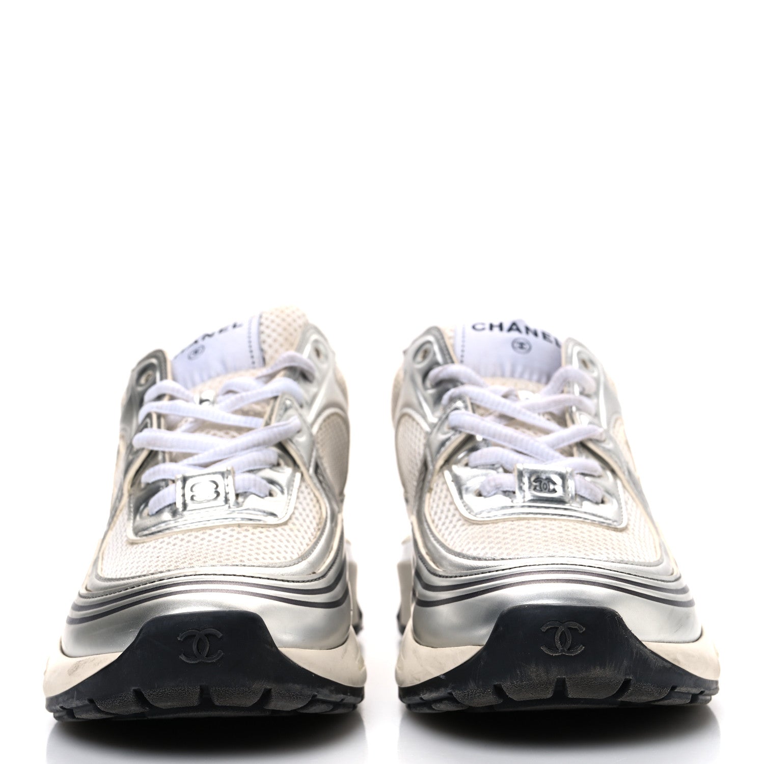 Chanel Fabric Laminated Calfskin Stretch CC Sneakers 37 White Silver 3 of 12
