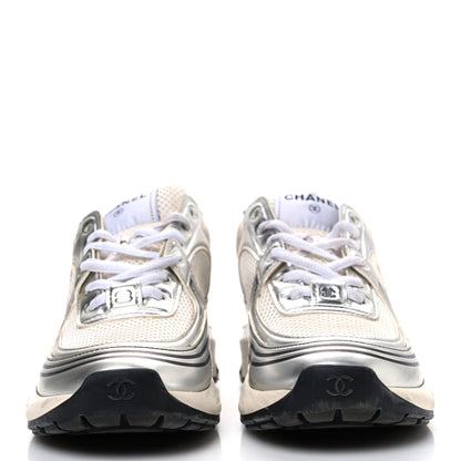 Chanel Fabric Laminated Calfskin Stretch CC Sneakers 37 White Silver 3 of 12