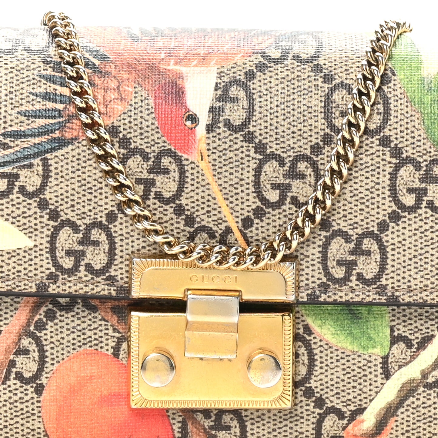 GG Supreme Monogram Tian Padlock Continental Chain Wallet Beige Multicolor