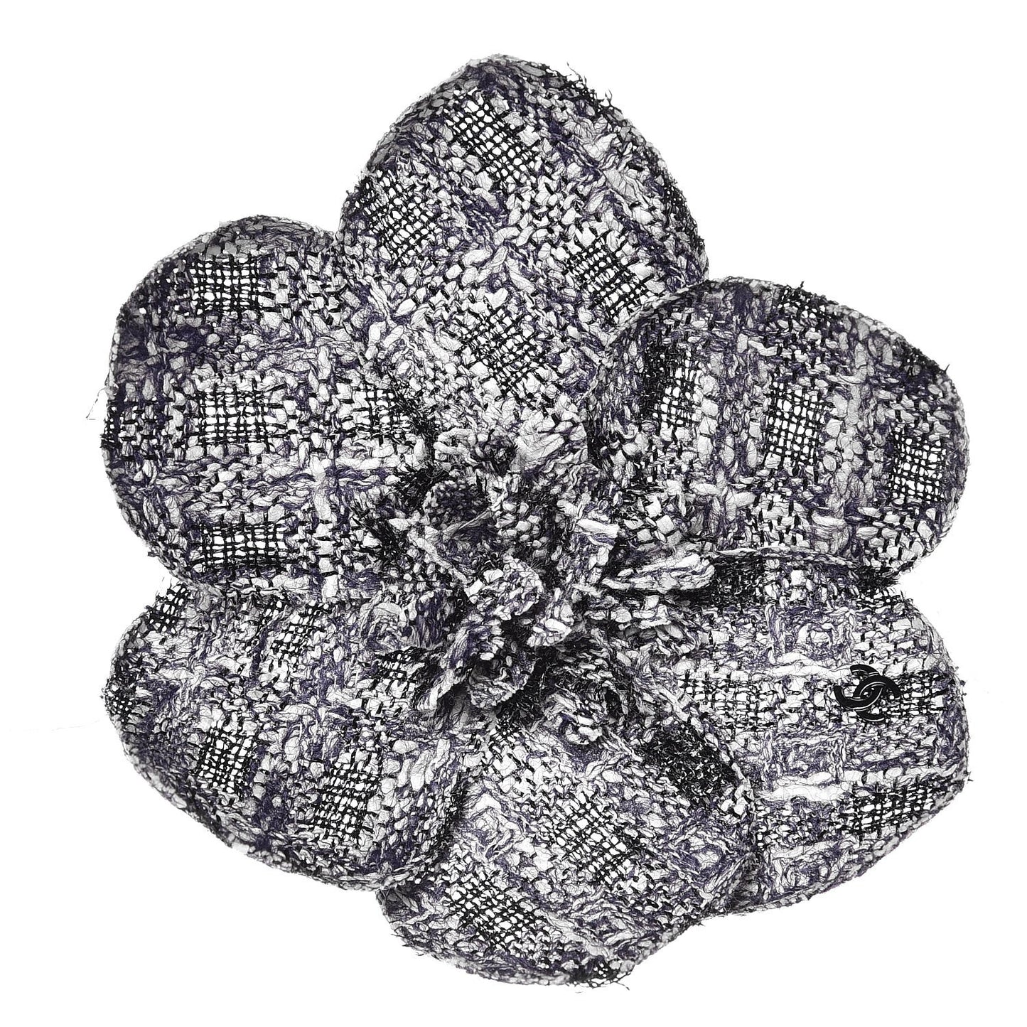 Tweed Camellia Brooch Blue Ecru Black