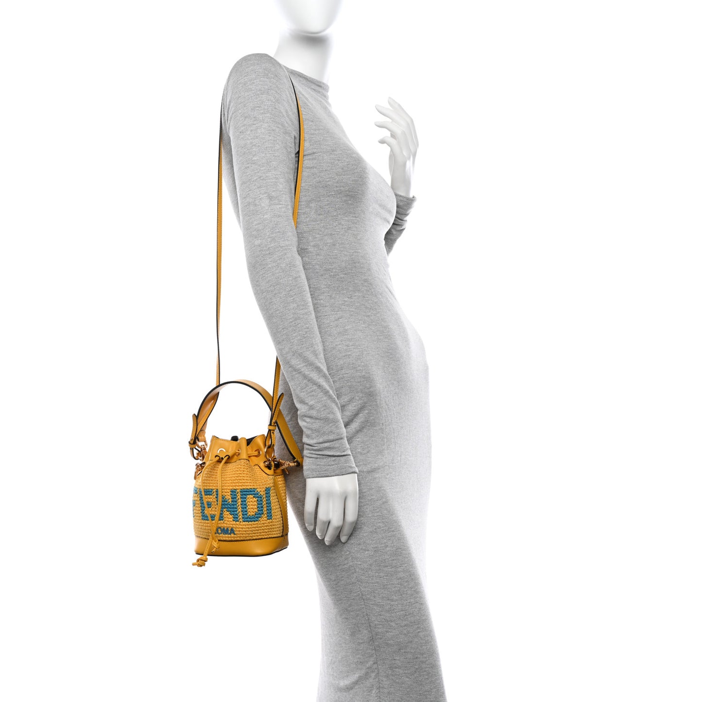 Crochet Vitello King F is Fendi Logo Woven Mini Mon Tresor Bucket Bag Mimosa Cyber Blue