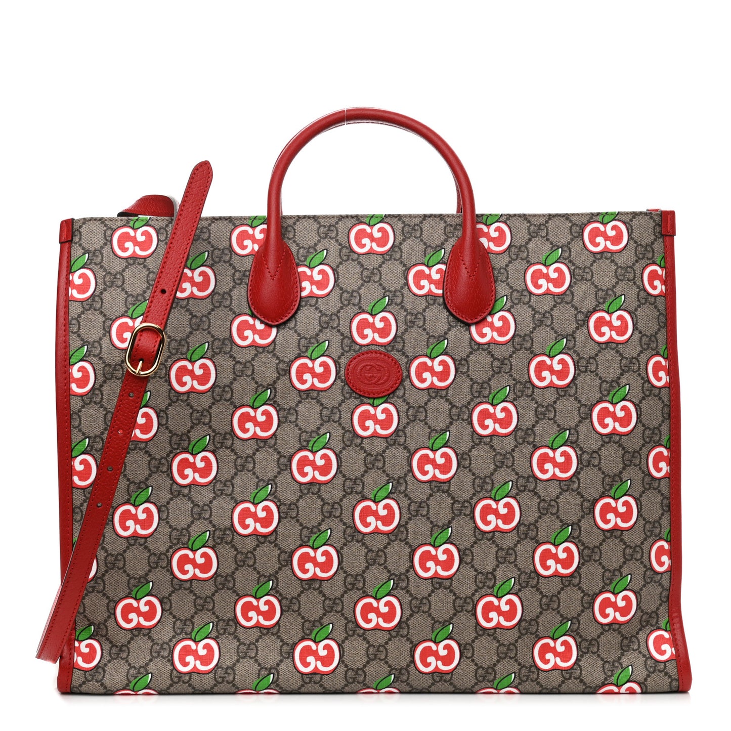 GG Supreme Monogram Apple Dollar Calfskin Large Retro Interlocking G Tote Bag Beige Ebony Multicolor Lobster Red