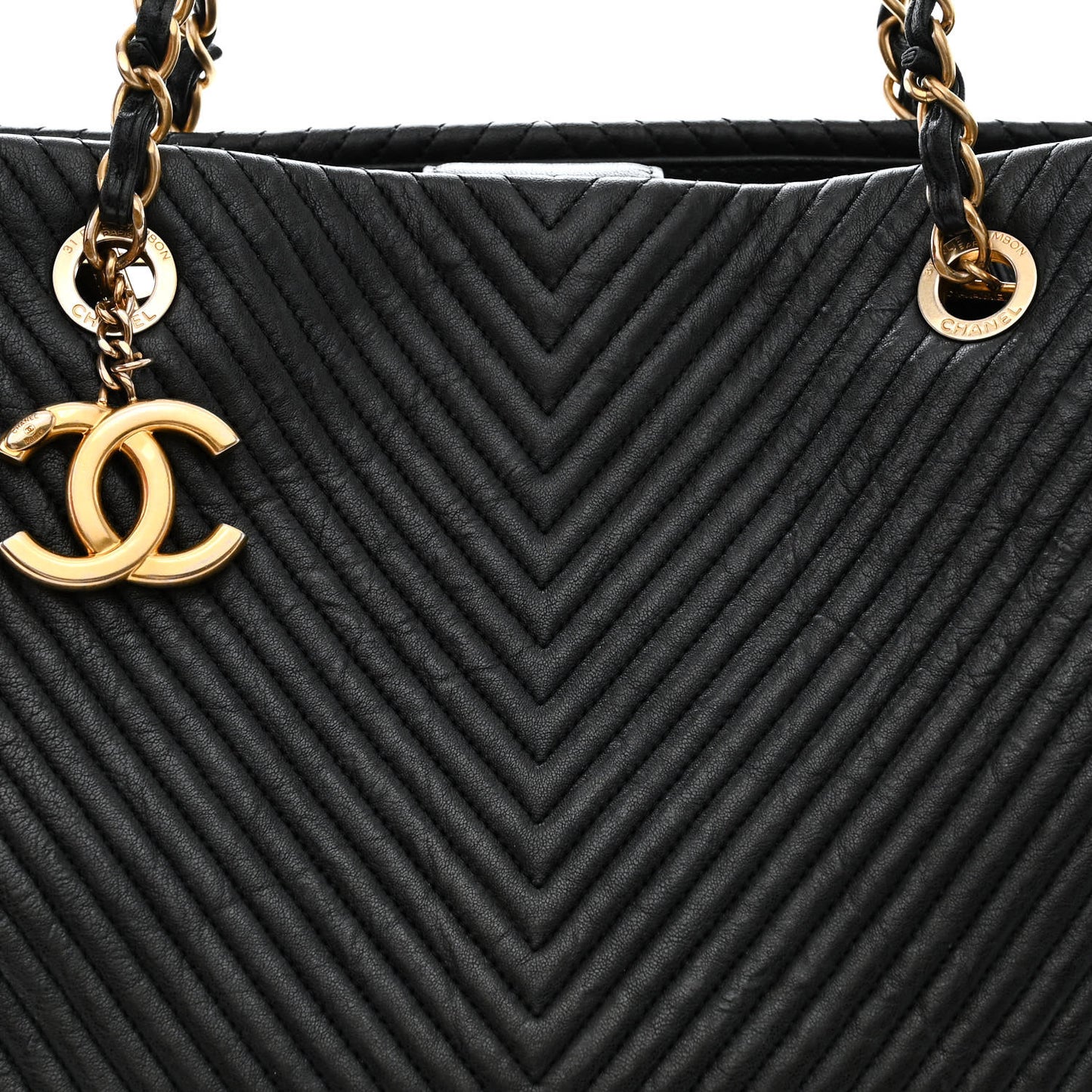 Wrinkled Lambskin Chevron Quilted Large Surpique Tote Black