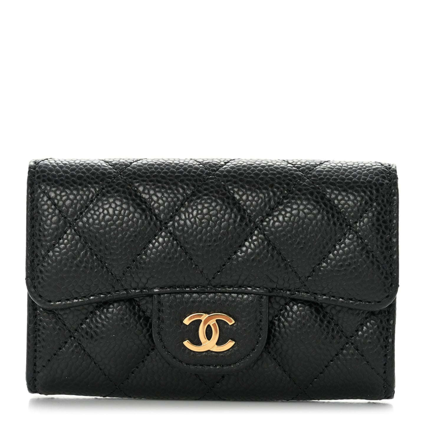 Caviar Quilted Flap Card Holder Wallet Black