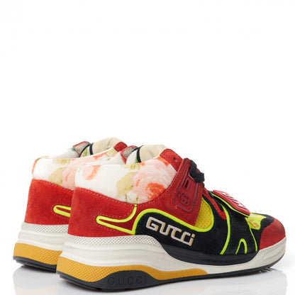 Gucci Suede Calfskin Womens Ultrapace Mid Top Sneakers 34.5 Hibiscus Red Black Neon Yellow Yolk 4 of 8