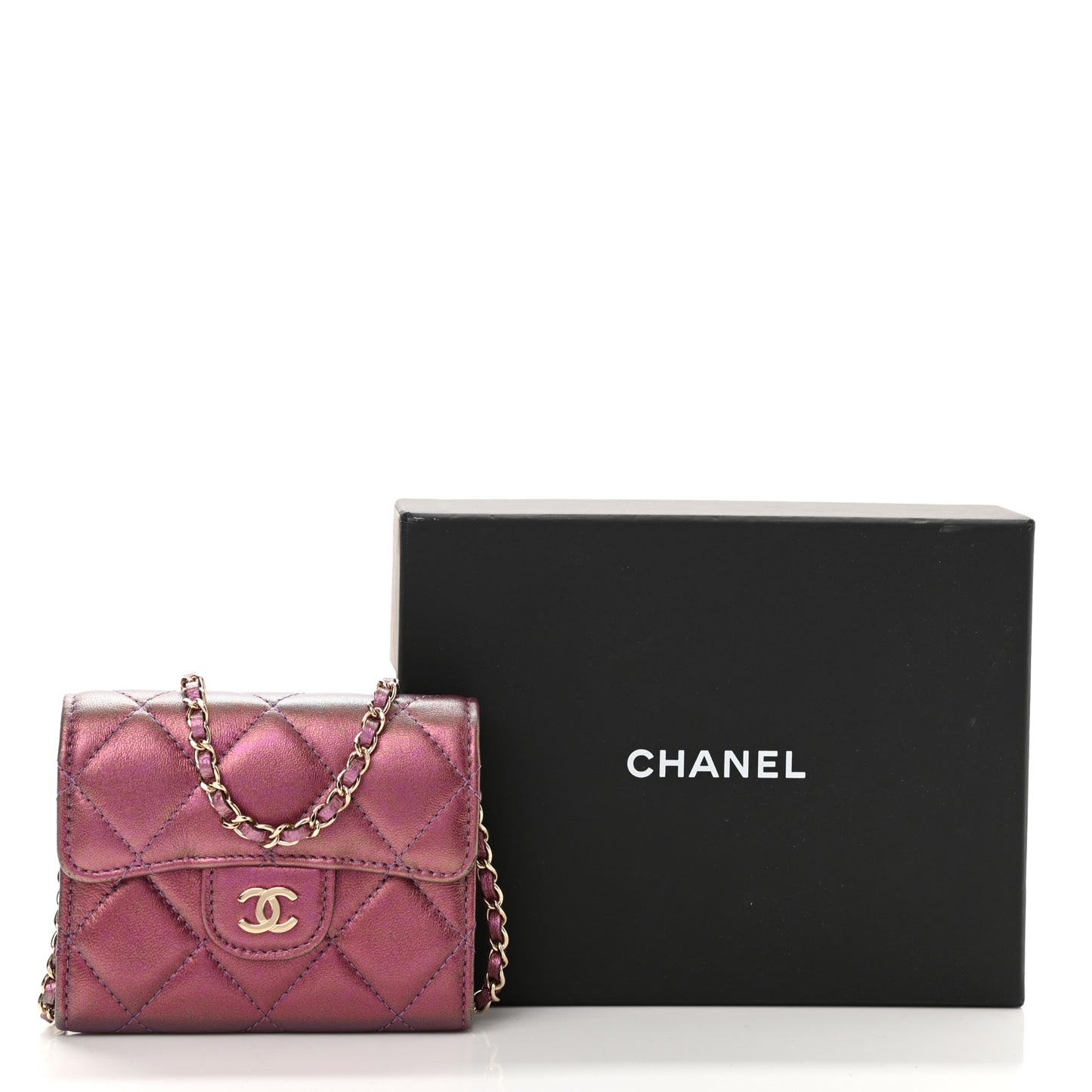 Iridescent Lambskin Quilted Flap Card Holder On Chain Purple