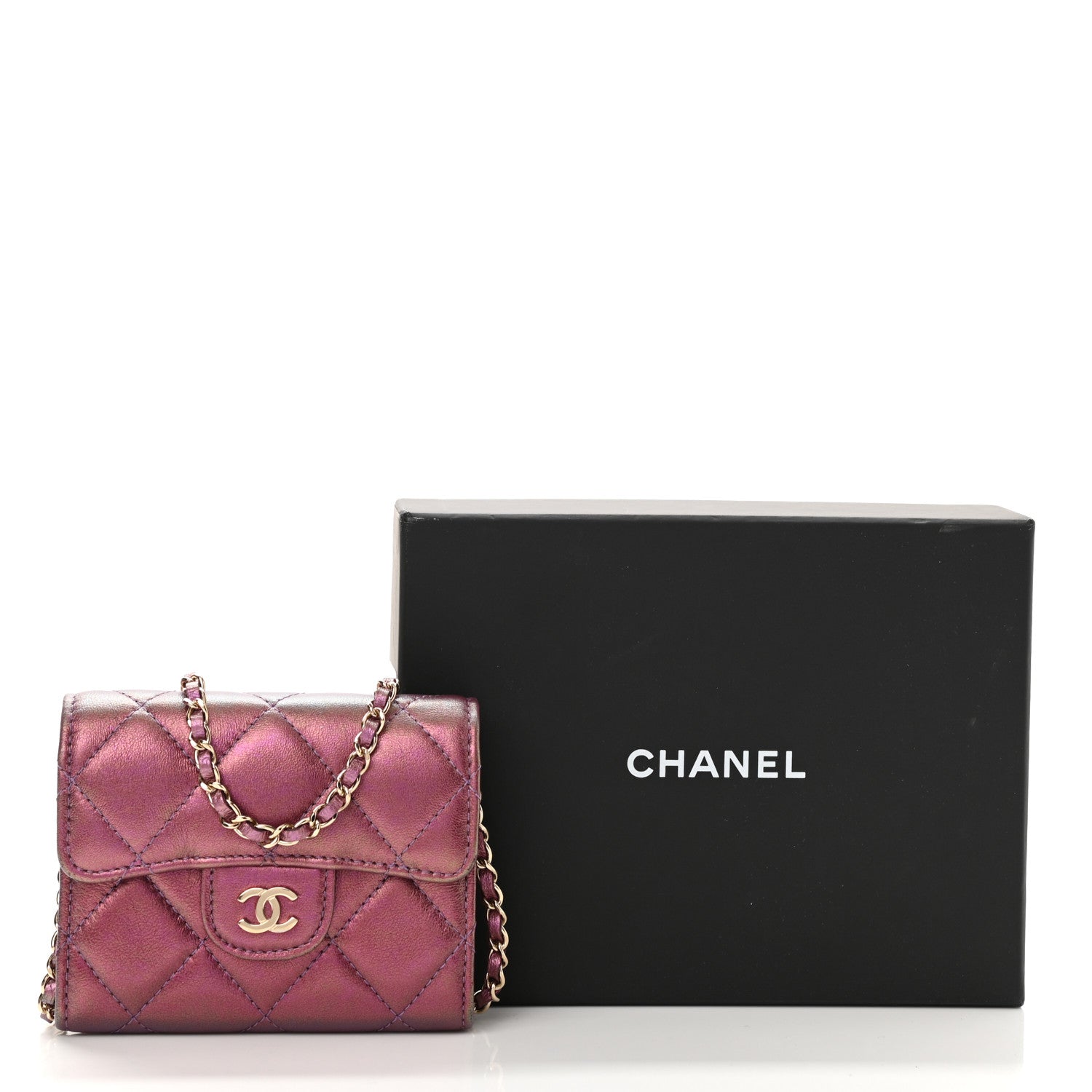 Chanel Iridescent Lambskin Quilted Flap Card Holder On Chain Purple 12 of 12
