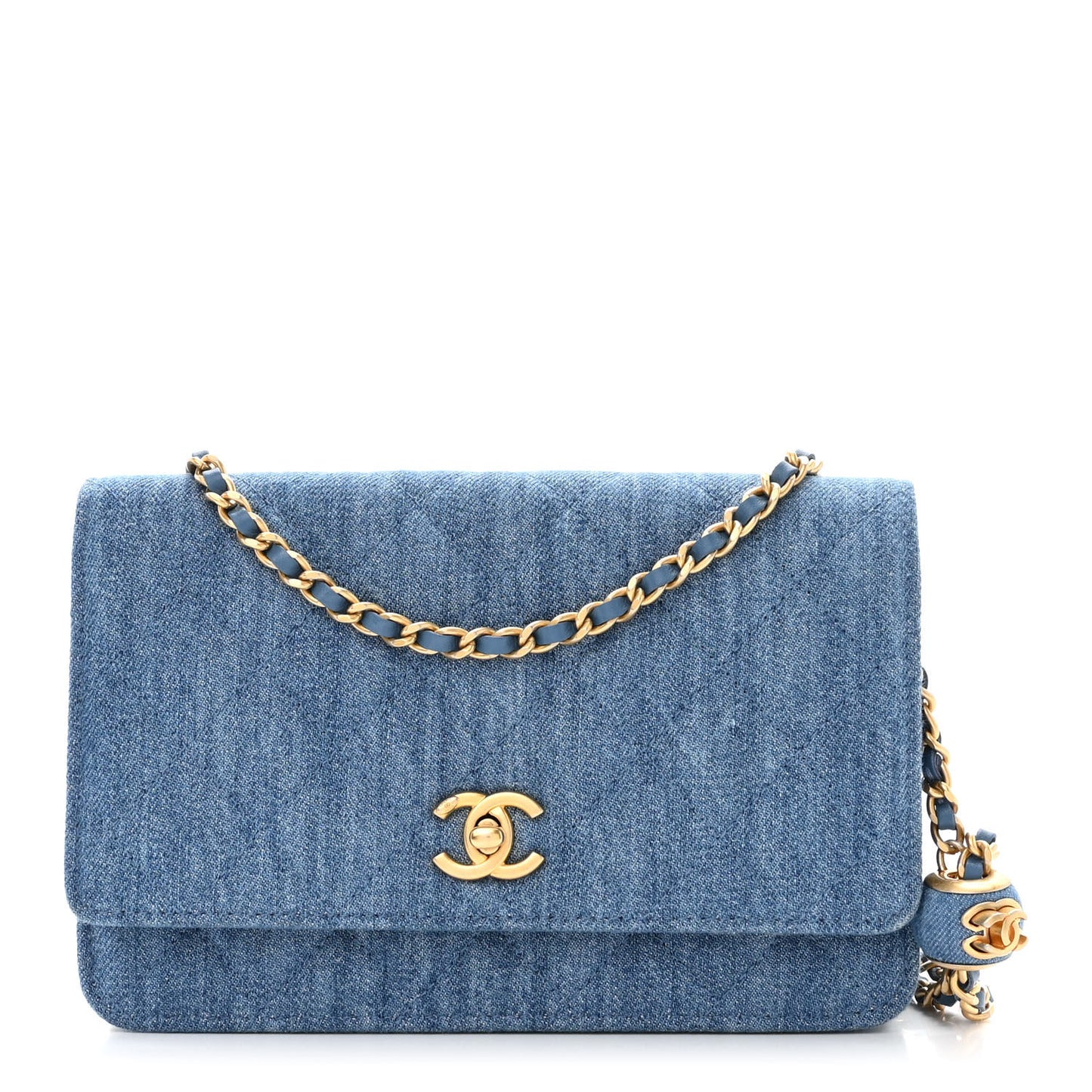 Denim Quilted CC Pearl Crush Wallet on Chain WOC Blue