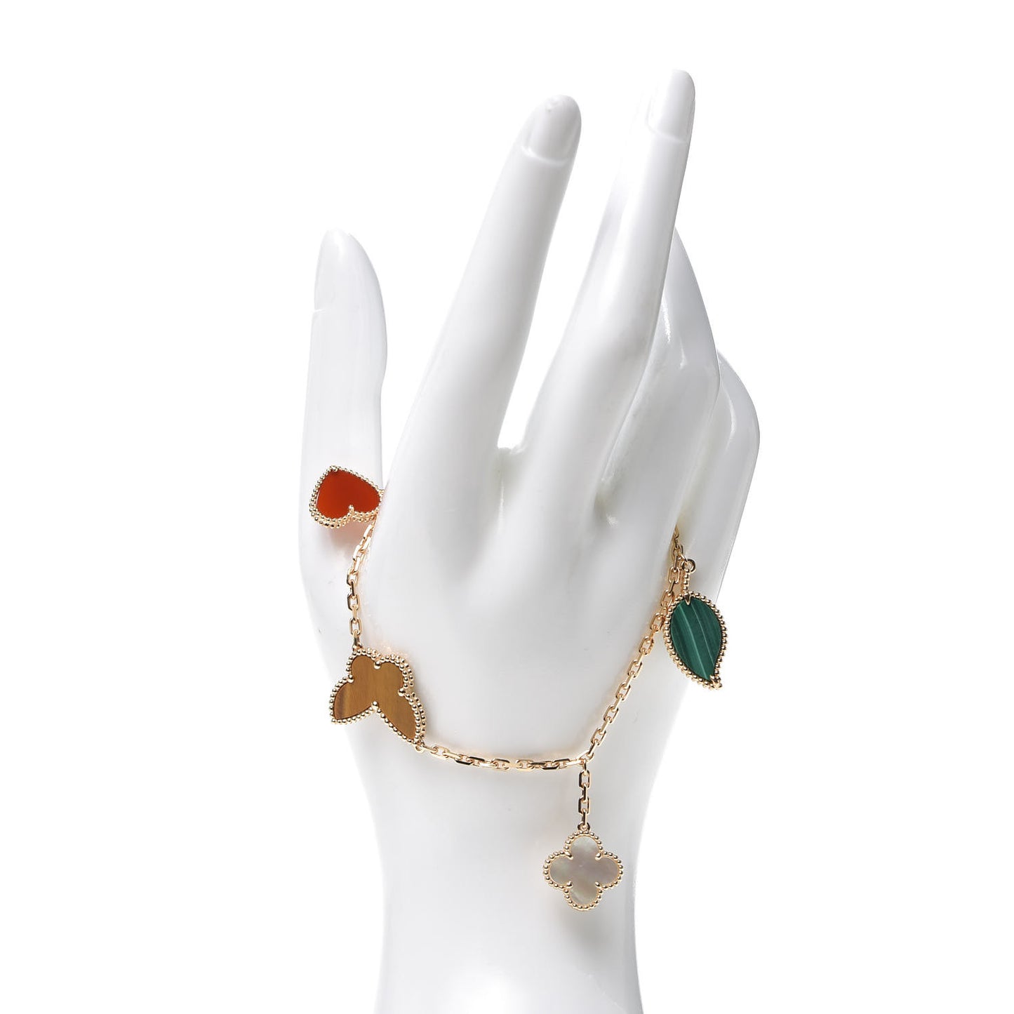18K Yellow Gold Mother of Pearl Malachite Carnelian Tiger Eye 4 Motifs Lucky Alhambra Bracelet