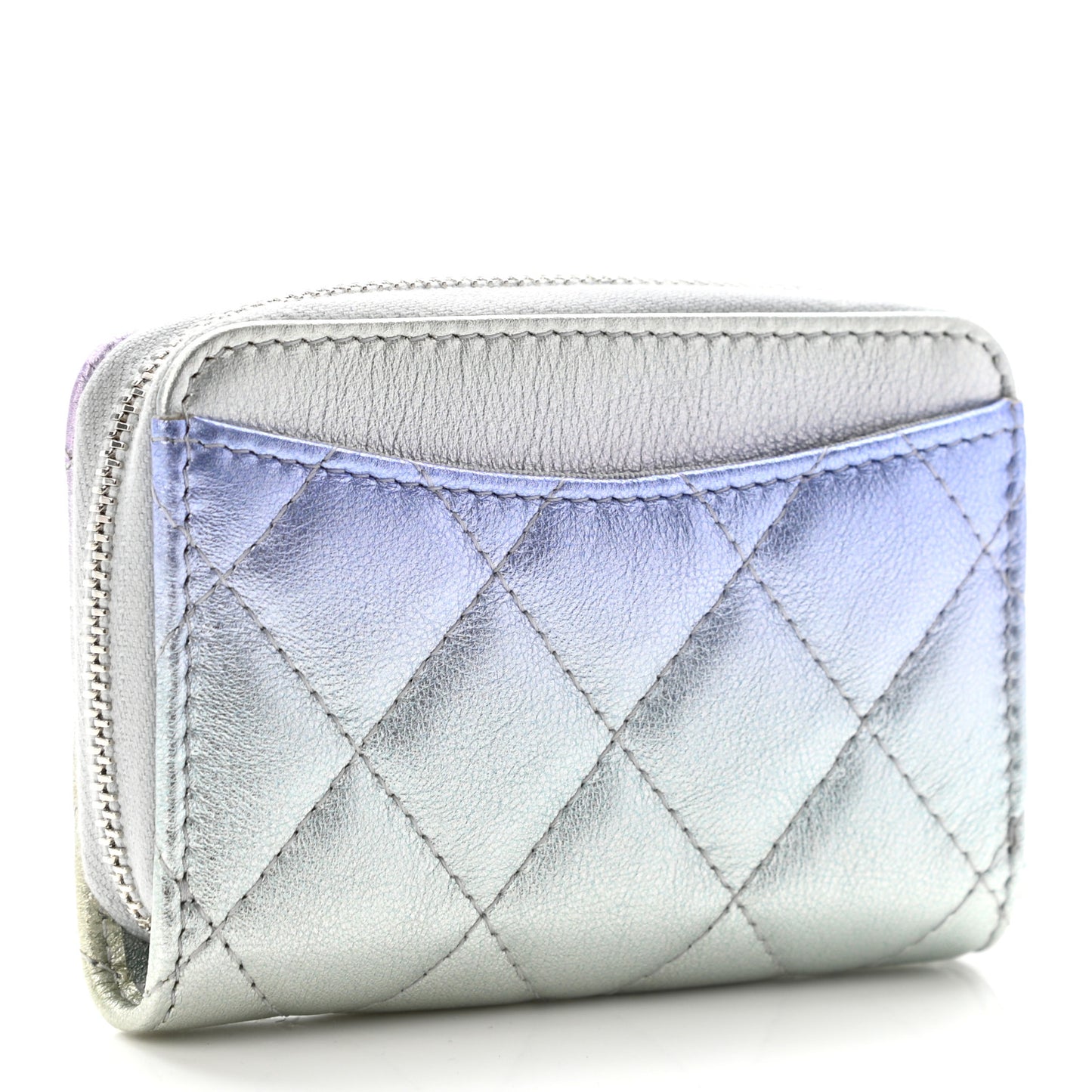 Gradient Metallic Calfskin Quilted Zip Around Coin Purse Wallet Silver Blue Yellow Purple