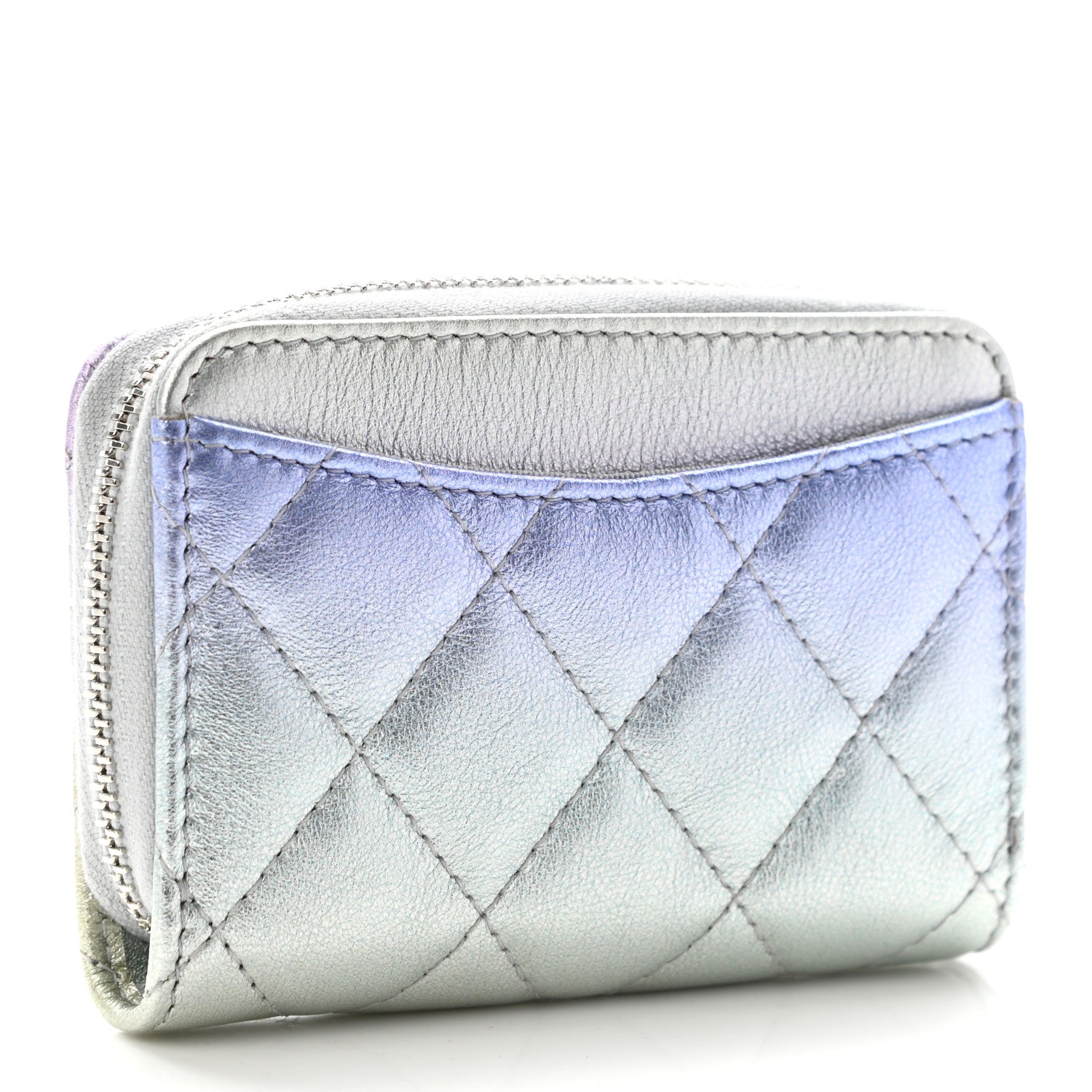 Chanel Gradient Metallic Calfskin Quilted Zip Around Coin Purse Wallet Silver Blue Yellow Purple 3 of 7