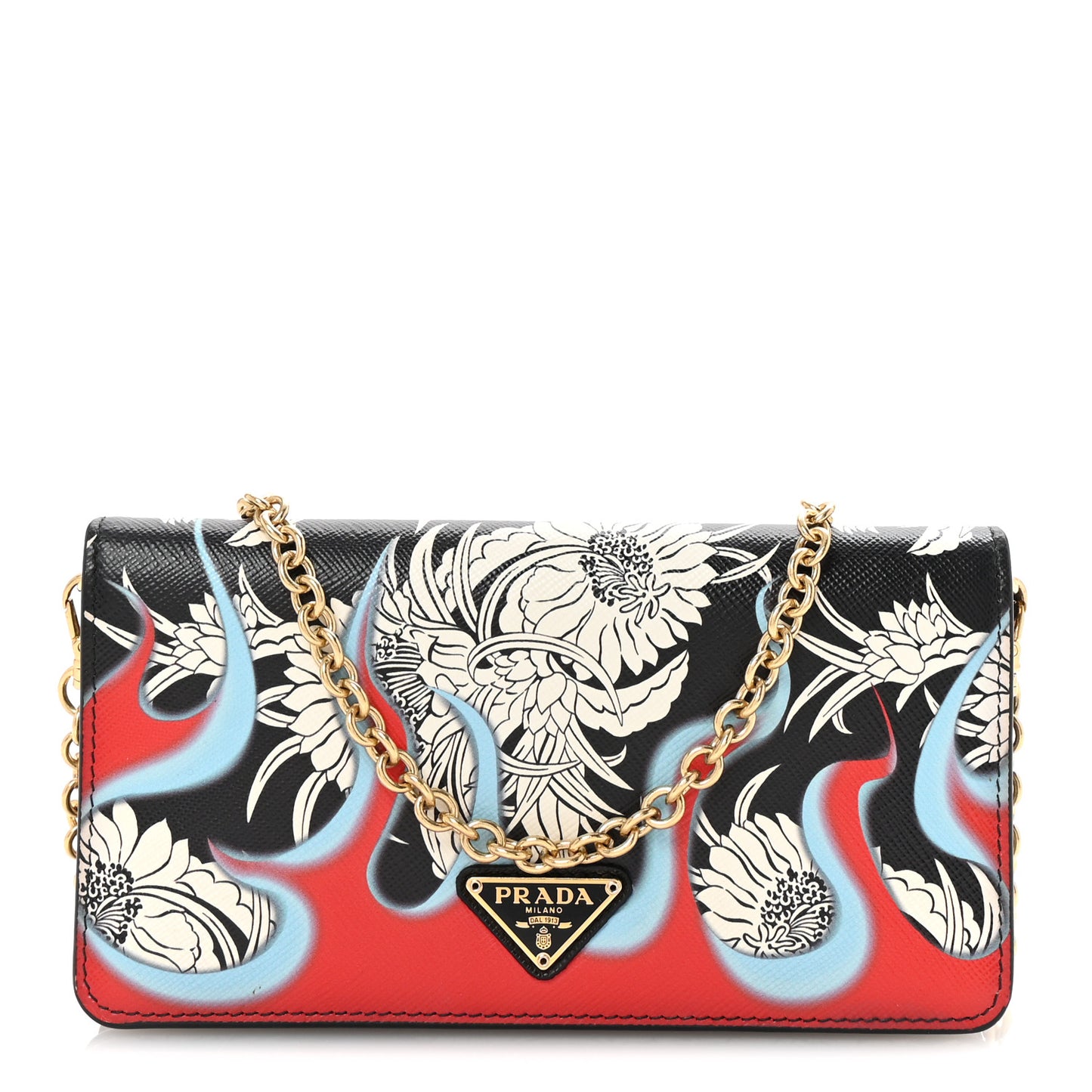 Saffiano Flower Flame Chain Wallet Black Multicolor