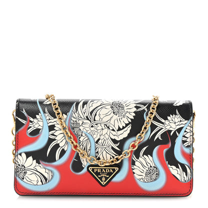 Prada Saffiano Flower Flame Chain Wallet Black Multicolor 1 of 9