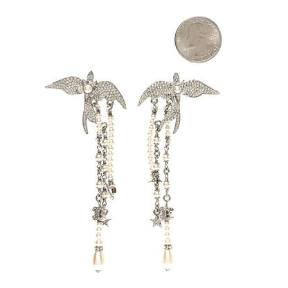 Chanel Pearl Crystal CC Star Bird Drop Earrings Silver Pearly White 2 of 5