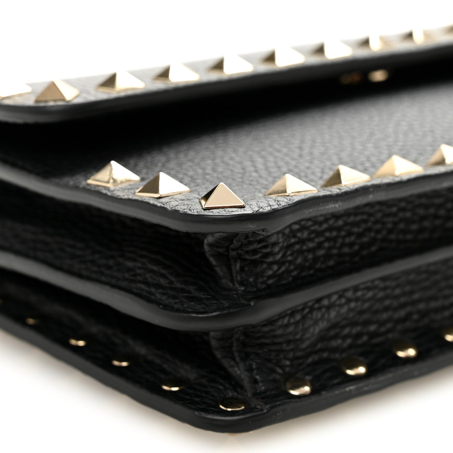 Pebbled Calfskin Rockstud Flap Wallet On Chain Black