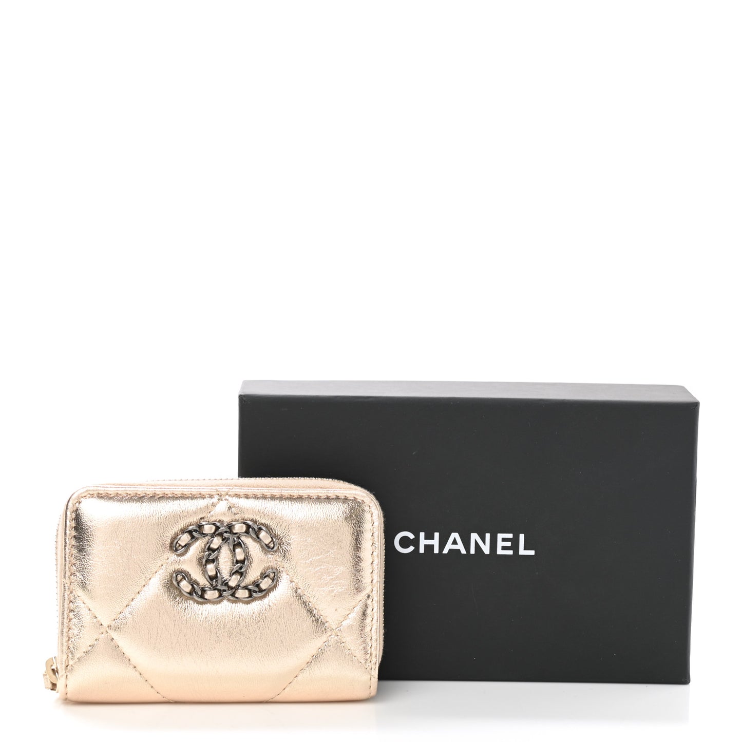 Metallic Lambskin Quilted Chanel 19 Zip Around Coin Purse Wallet Gold