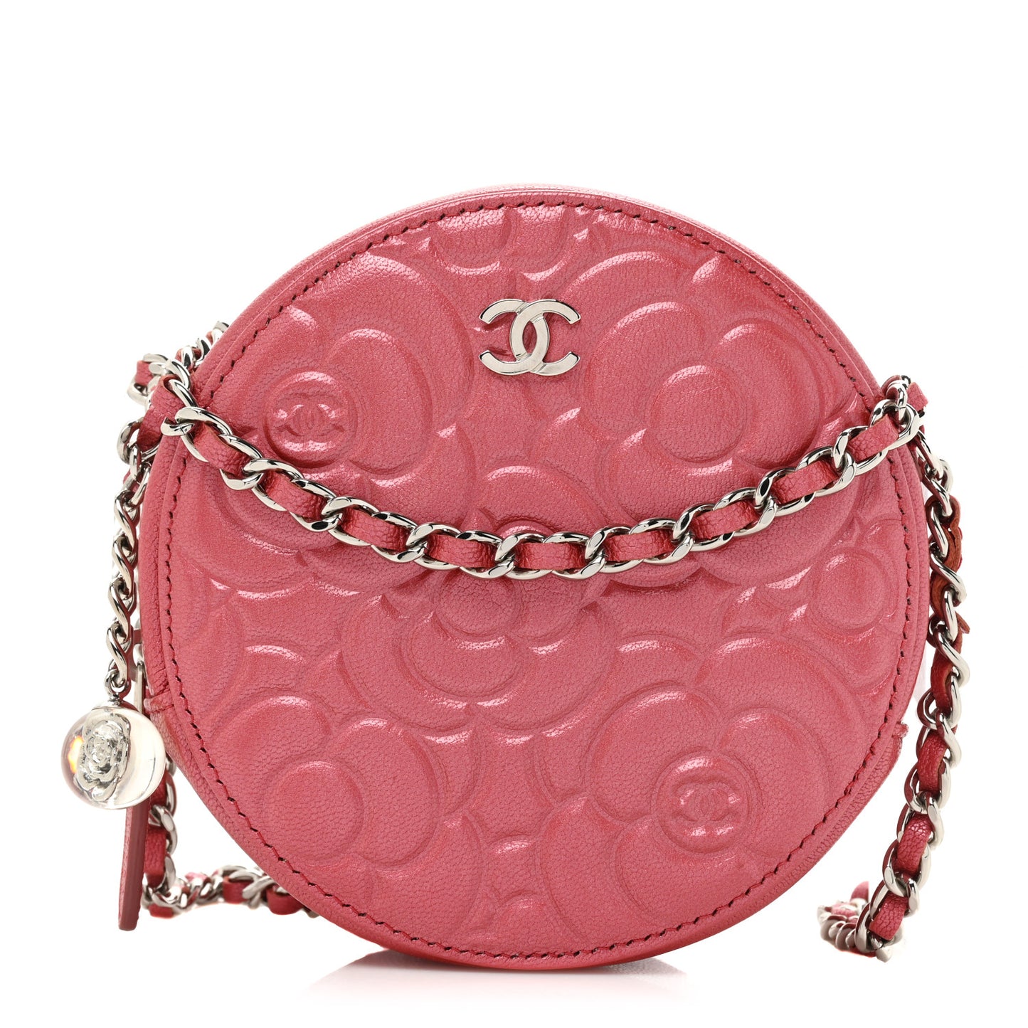 Goatskin Camellia Quilted Round Clutch With Chain Dark Pink