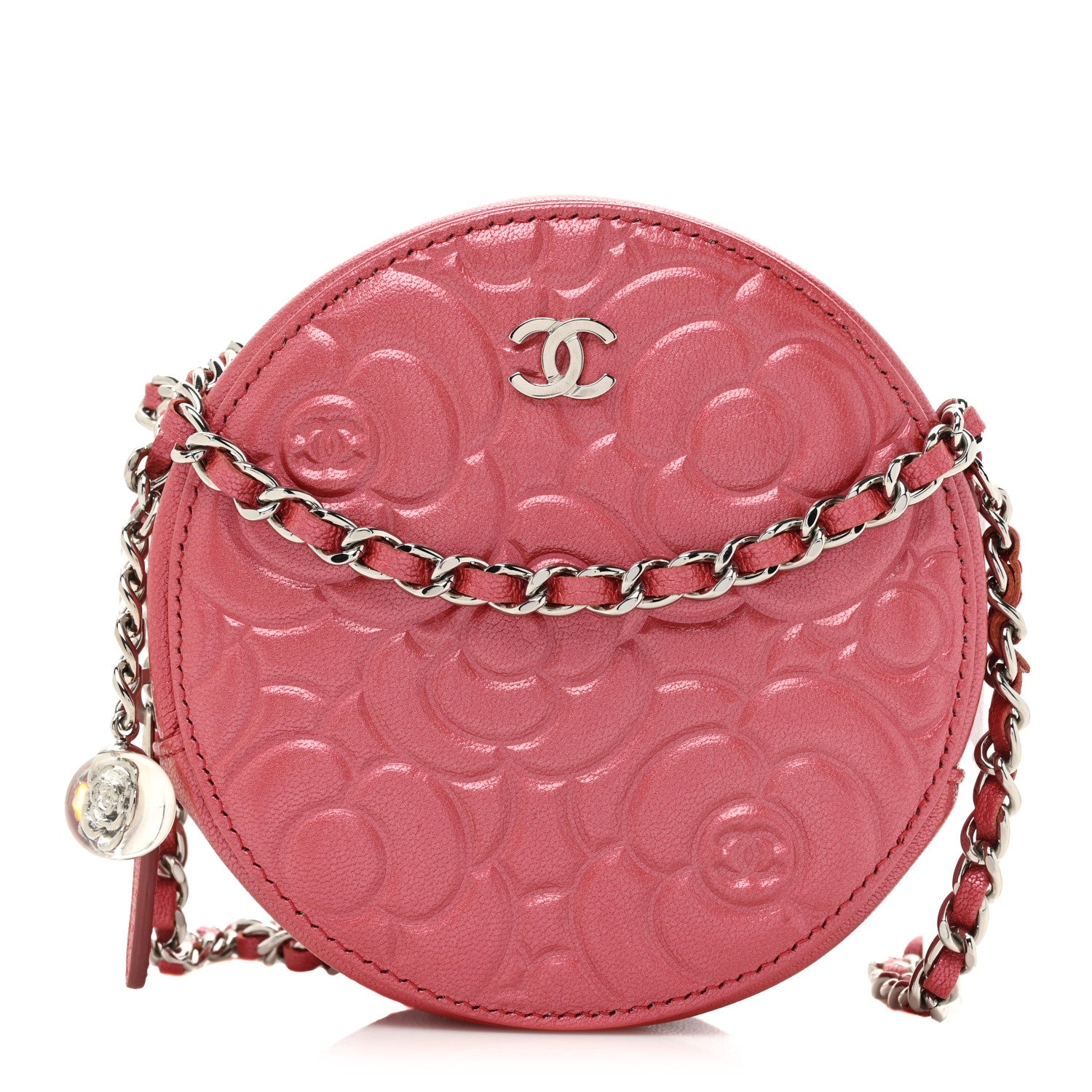 Chanel Goatskin Camellia Quilted Round Clutch With Chain Dark Pink 1 of 9