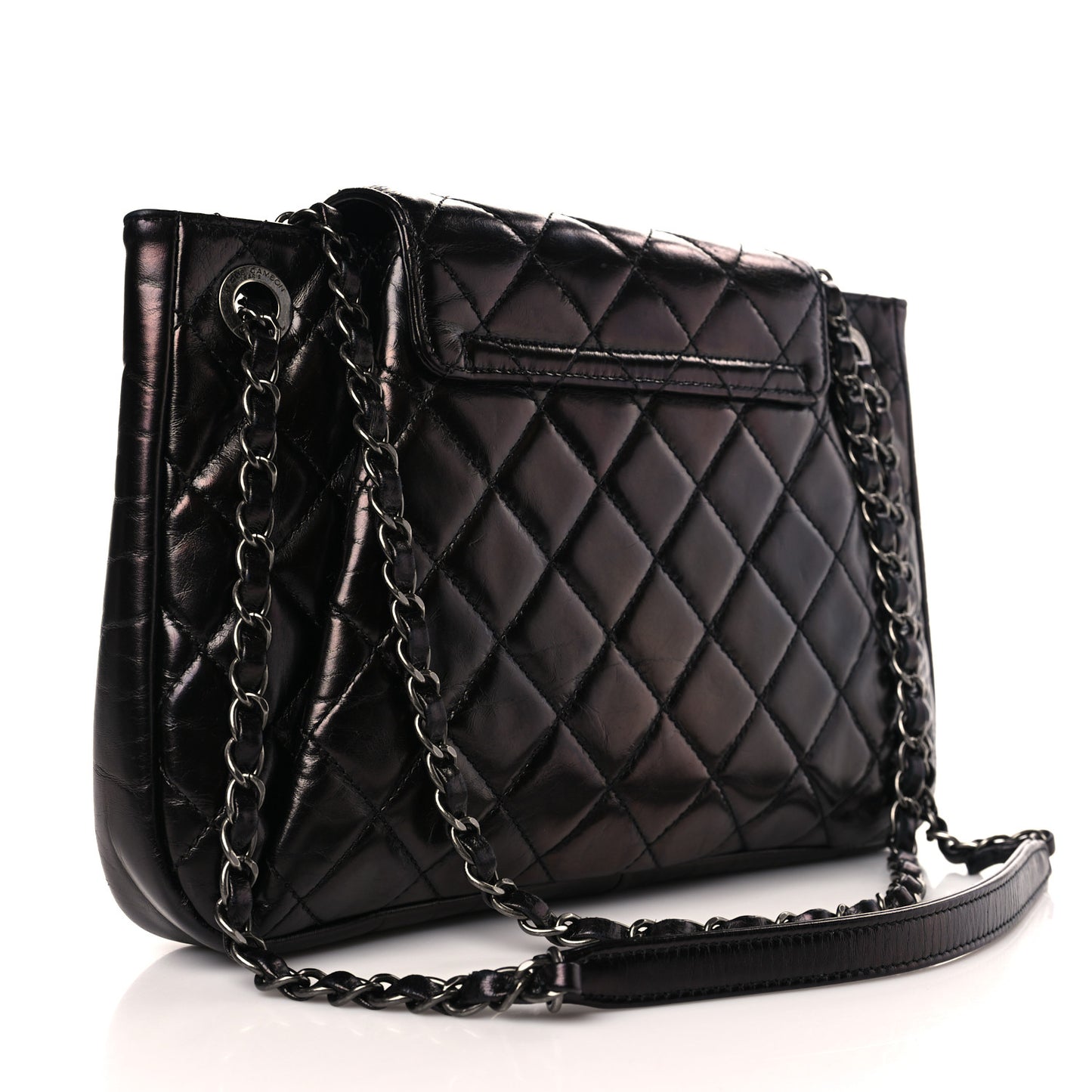 Glazed Calfskin Quilted Accordion Flap Black