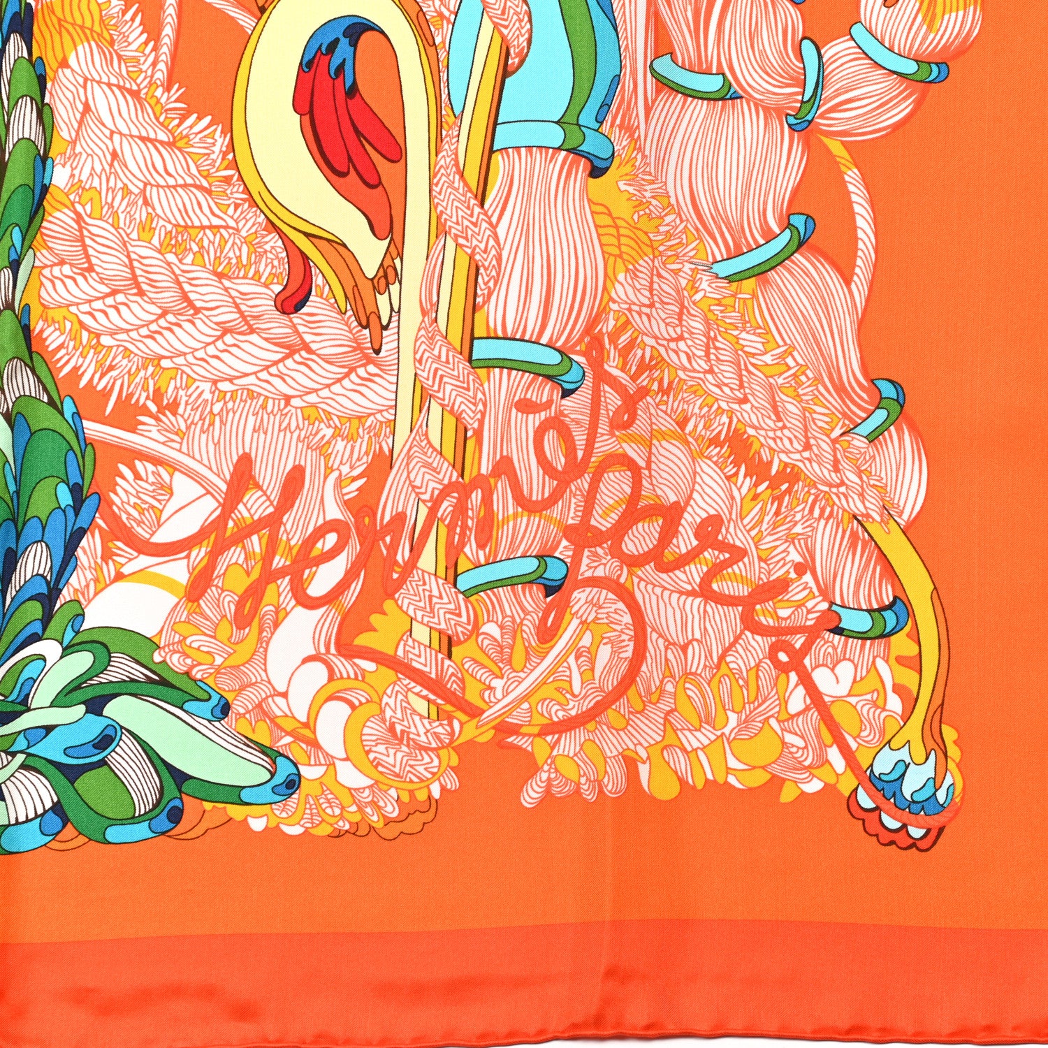 Hermes Silk Fantaisie Botanique Shawl 140 Orange Turquoise 2 of 5