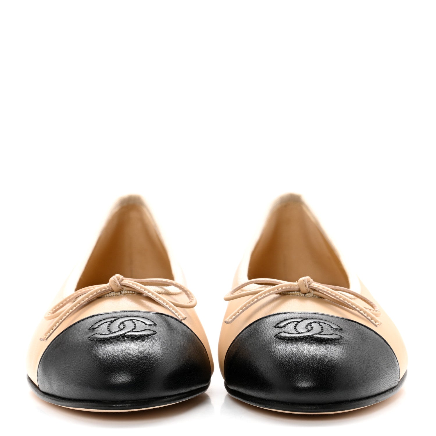 Chanel Lambskin Cap Toe CC Ballerina Flats 37.5 Beige Black 2 of 9