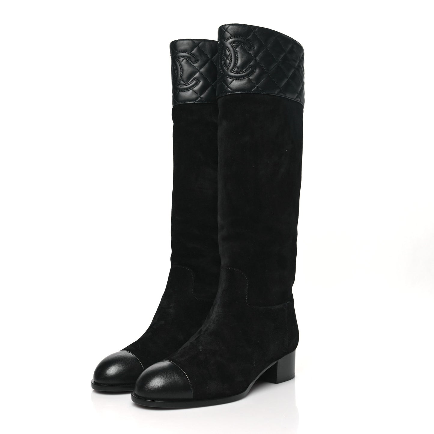 Suede Calfskin Lambskin Quilted Knee High Boots 37 Black