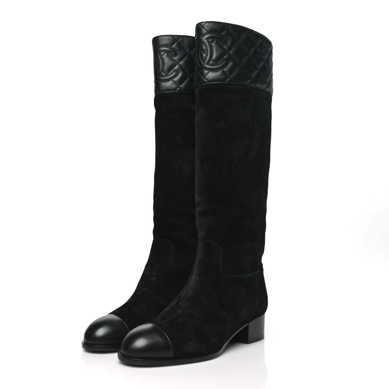 Chanel Suede Calfskin Lambskin Quilted Knee High Boots 37 Black 3 of 7