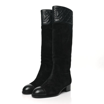 Chanel Suede Calfskin Lambskin Quilted Knee High Boots 37 Black 3 of 7