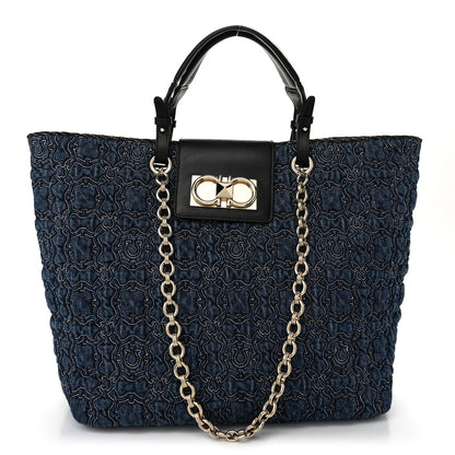 Salvatore Ferragamo Denim Quilted Gancini Tote Blue 1 of 10