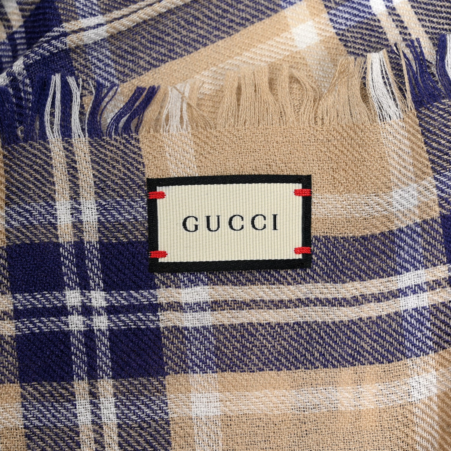Gucci Wool Silk Check Scarf Beige Blue 3 of 3