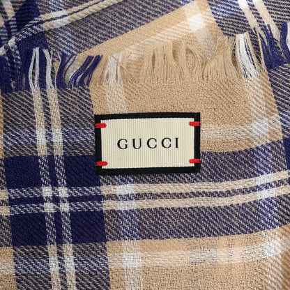 Gucci Wool Silk Check Scarf Beige Blue 3 of 3