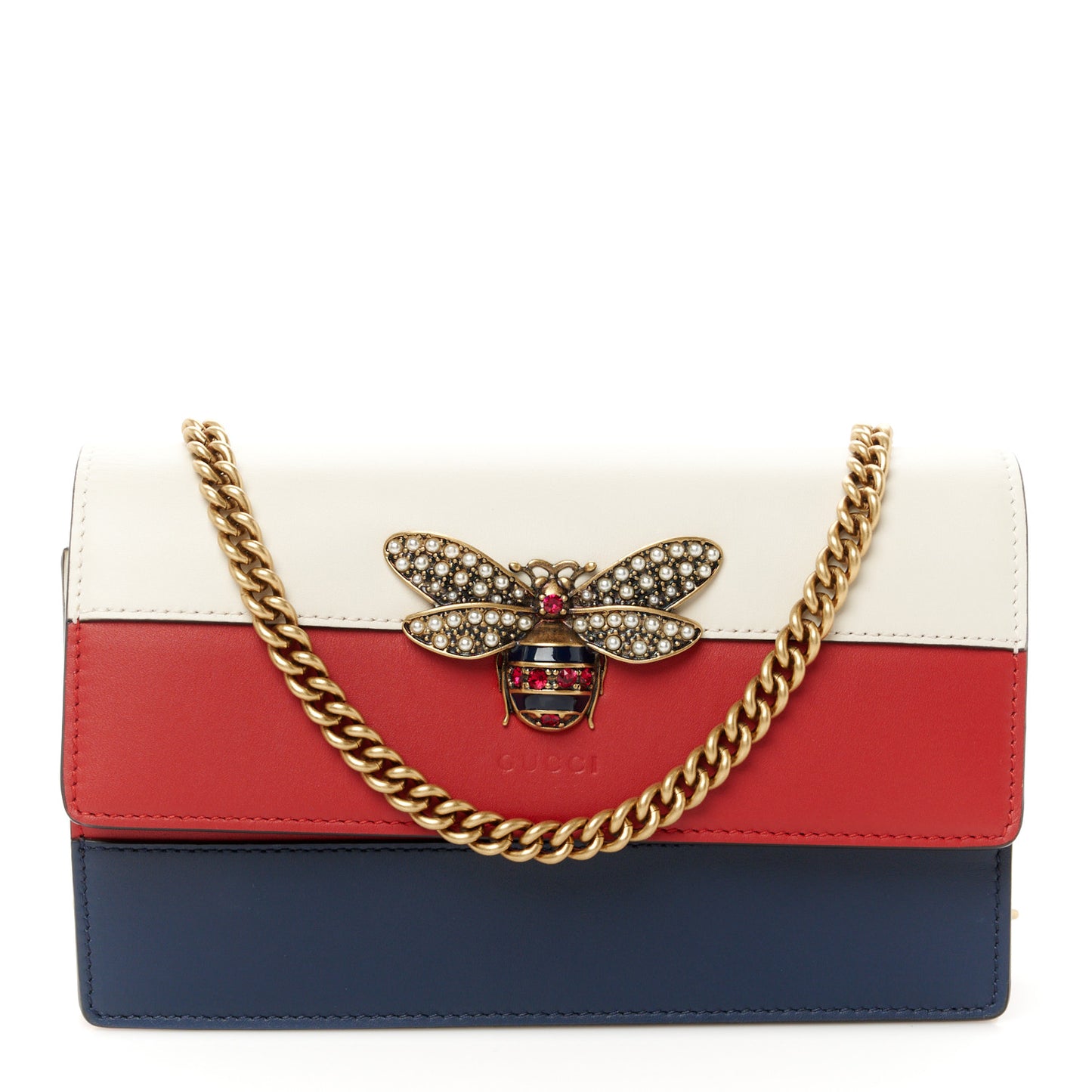 Calfskin Queen Margaret Chain Wallet Blue Agata Hibiscus Red Mystic White