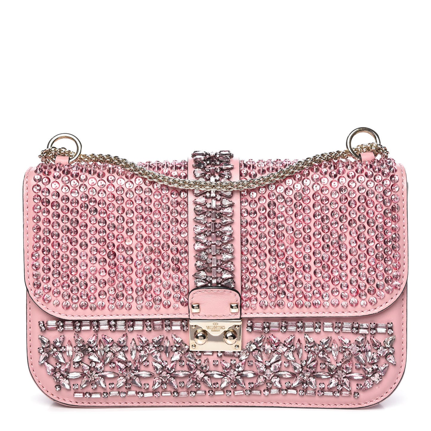 Vitello Crystal Embellished Medium Glam Lock Rockstud Flap Pop Gardenia