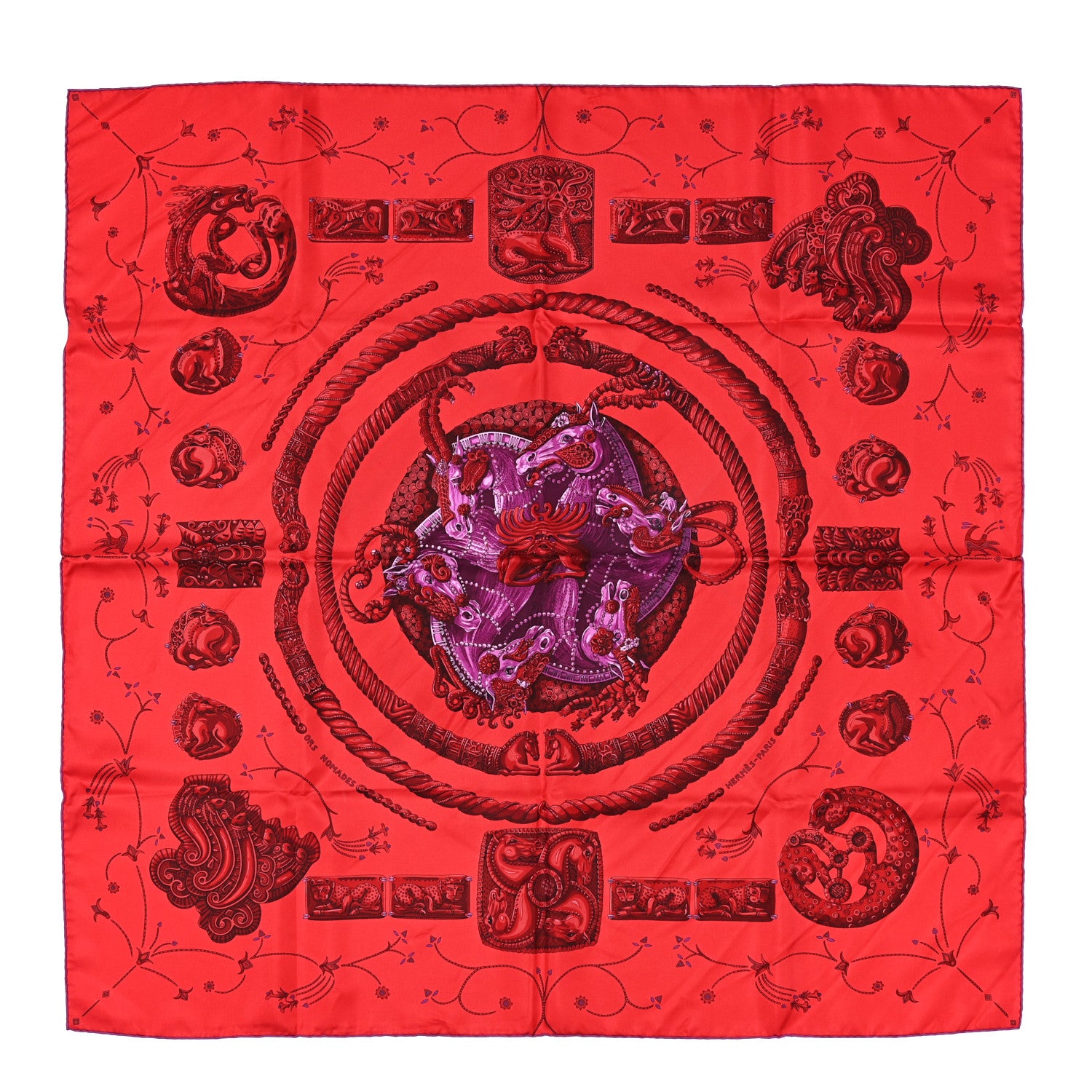 Hermes Silk Ors Nomades Scarf 90 Rouge Vif Grenat Violet 1 of 5