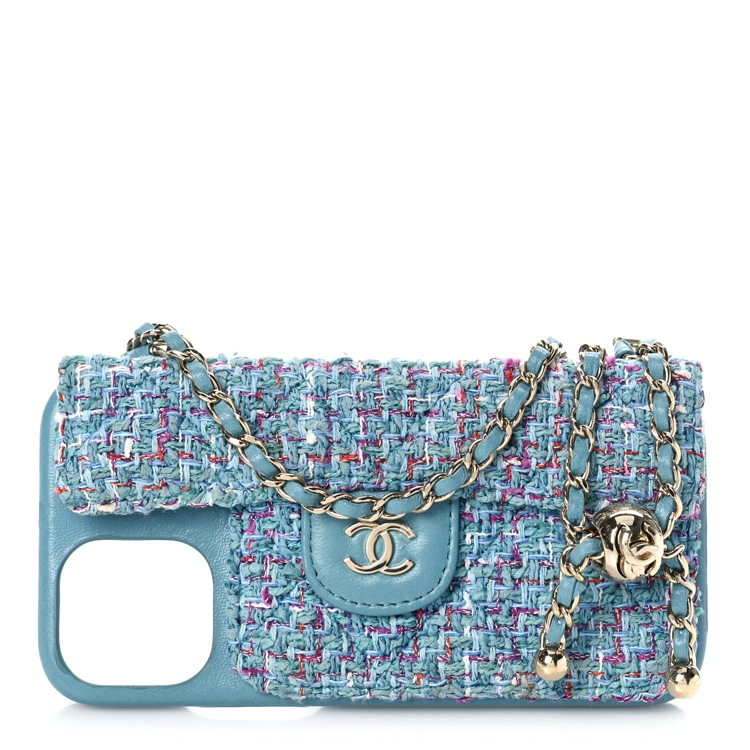 Chanel Tweed Quilted iPhone XII Pro Case With Chain Turquoise Purple White Red 1 of 8