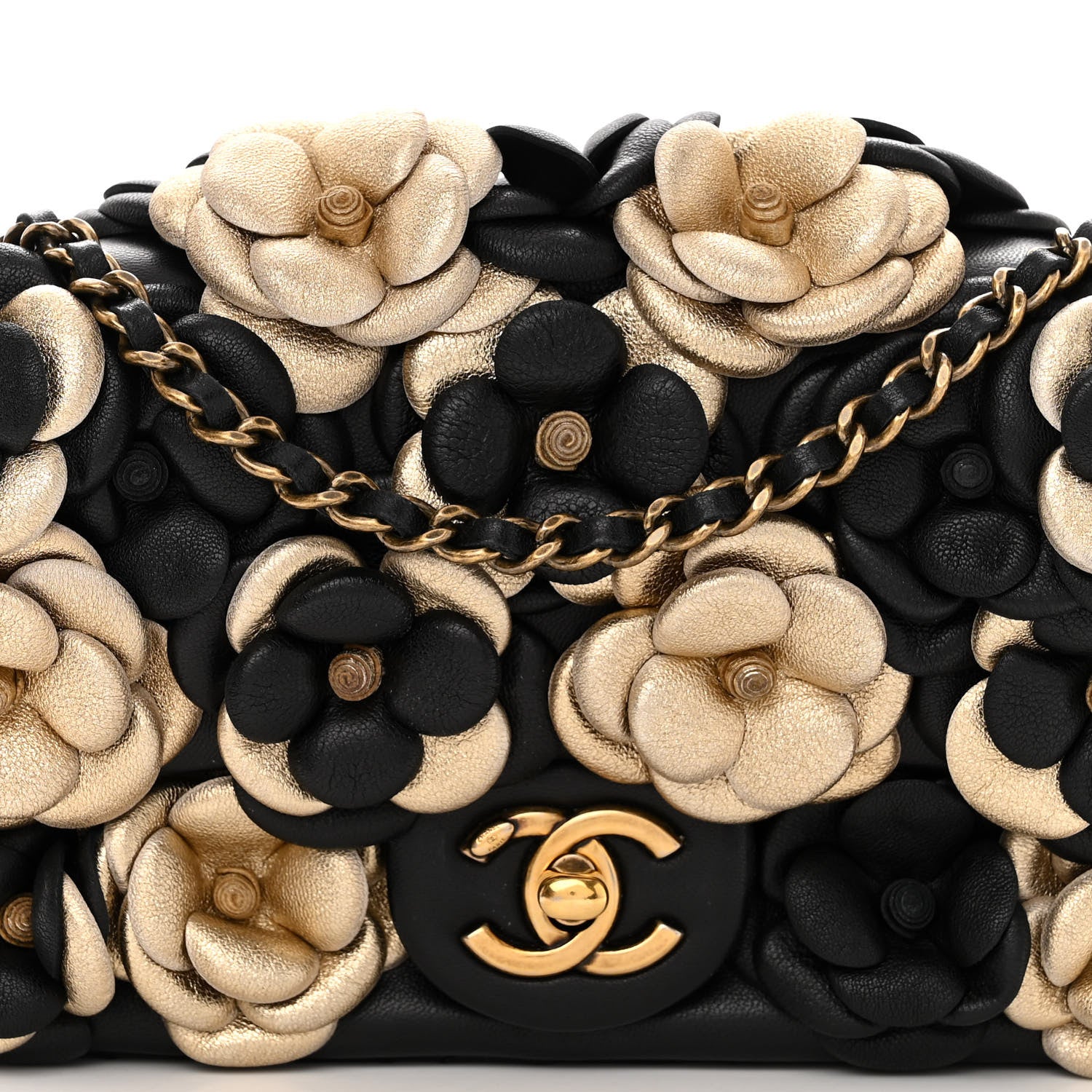 Chanel Metallic Lambskin Quilted Mini Camellia Flap Black Gold 8 of 10