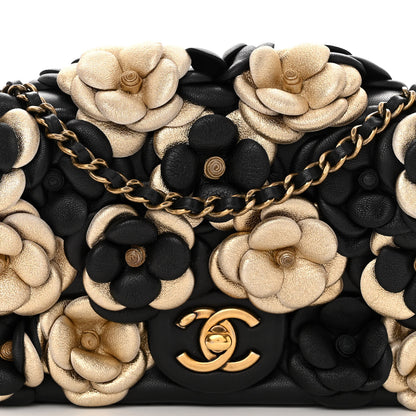 Chanel Metallic Lambskin Quilted Mini Camellia Flap Black Gold 8 of 10