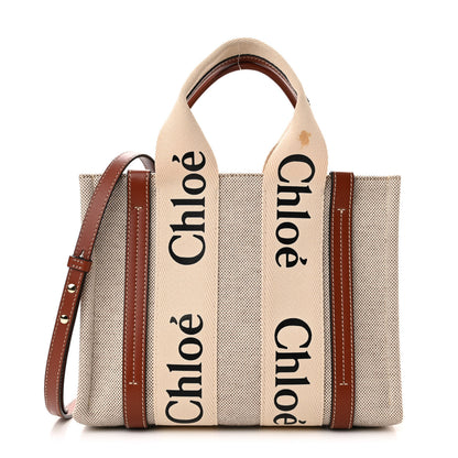 Chloe Cotton Calfskin Small Woody Ribbon Tote With Strap White Brown 1 of 10